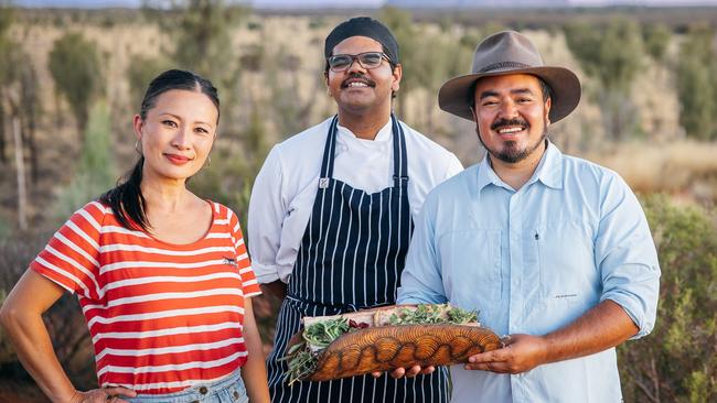 Poh Ling Yeow, First Nations chef Jayden Weetra, and Adam Liaw are exploring Aussie food in their latest series together. Picture: SBS Publicity.