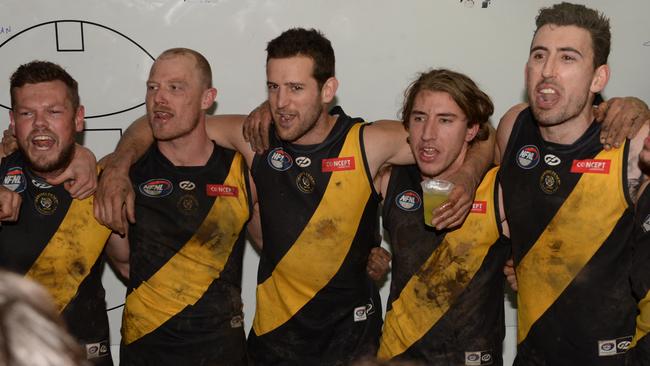 Heidelberg players celebrate their win over Greensborough. Picture: Chris Eastman