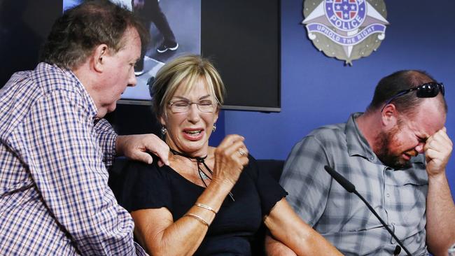 David Dick’s mother Carol Cloke with his uncle John Hird and brother Simon Dick at a press conference on Tuesday. Picture: David Caird