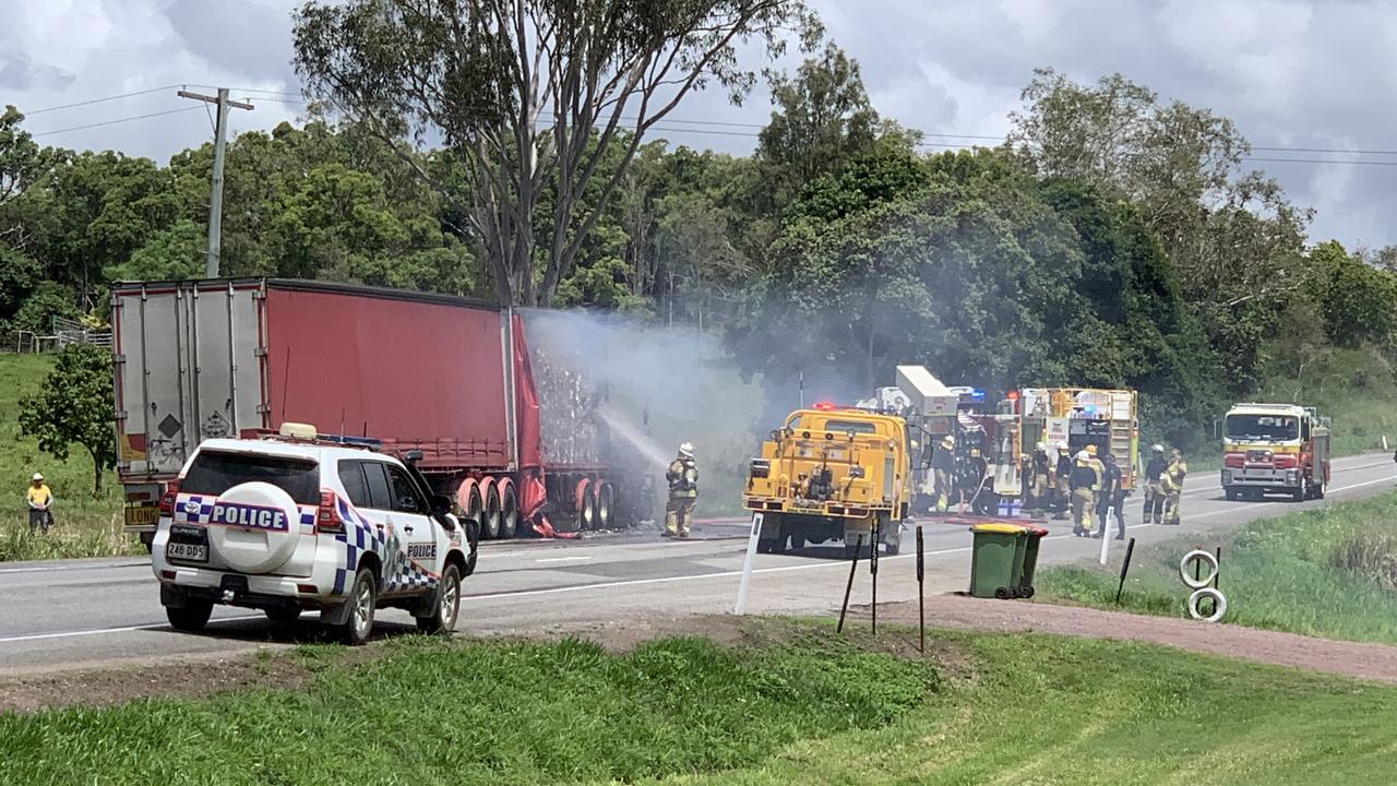 A burnt out truck blocks the Bruce Highway south of Mackay on October 12, 2022. Picture: Duncan Evans