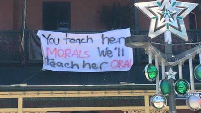 The Brass Monkey Hotel in Perth is under fire after offensive banners were hung from the balconies. Picture: Facebook/Sam Lara