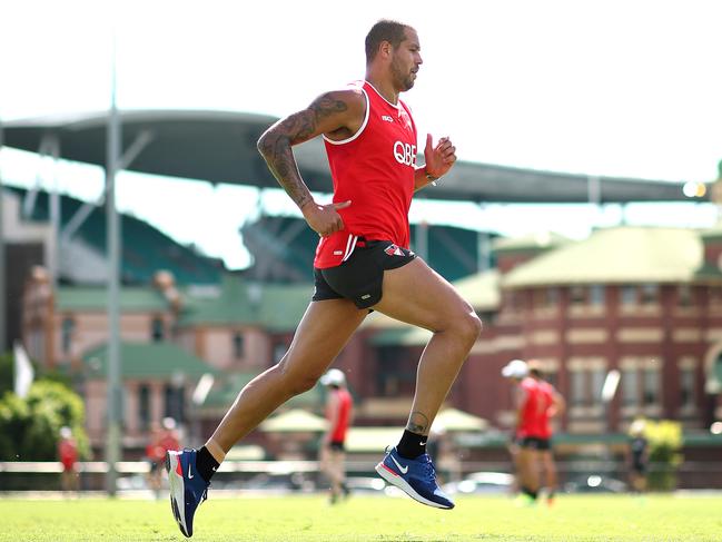 Lance Franklin returns early to training to do some post injury running at the Sydney Swans first pre season training session for 2-6 year players. Picture. Phil Hillyard