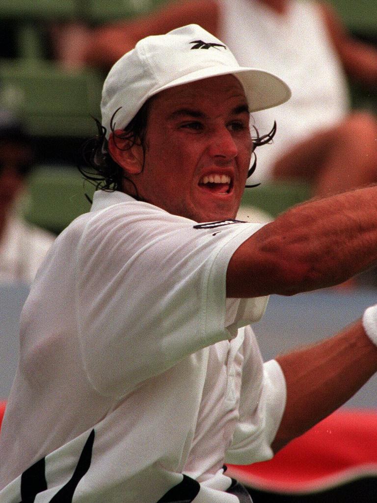 Rafter in action on centre court during the 1996 Australian Open.