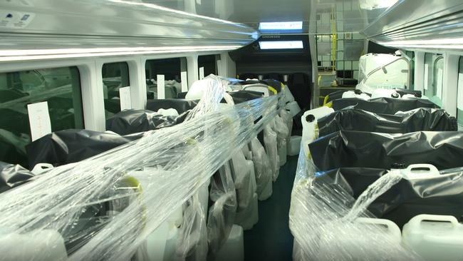 The inside of the new intercity train fleet, with the seats wrapped to protect them ahead of the first passengers. Picture: Supplied