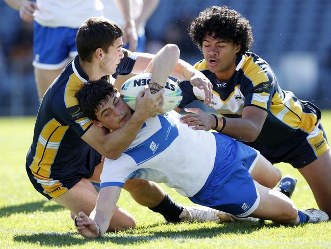 Cronulla recruit Riley Pollard scoring a try for St Dominic’s College in the NRL Schoolboys Cup. Picture: Jonathan Ng