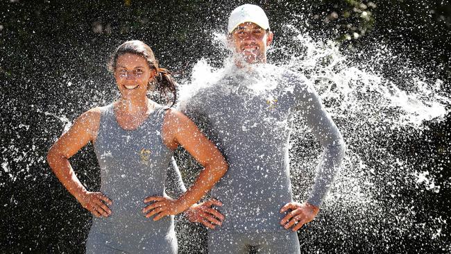 Lisa Darmanin and Jason Waterhouse during the unveiling of the official Australian Olympic Team sailing uniform by Zhik. Pic Brett Costello