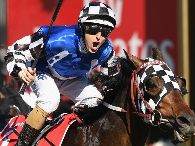 Crushing victory: Damian Lane celebrates his win on Tosen Stardom in the Emirates Stakes. Picture: Getty Images