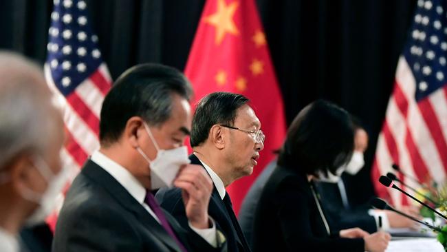 Yang Jiechi, centre, at the opening session of US-China talks at the Captain Cook Hotel in Anchorage, Alaska, last week. Picture: AFP