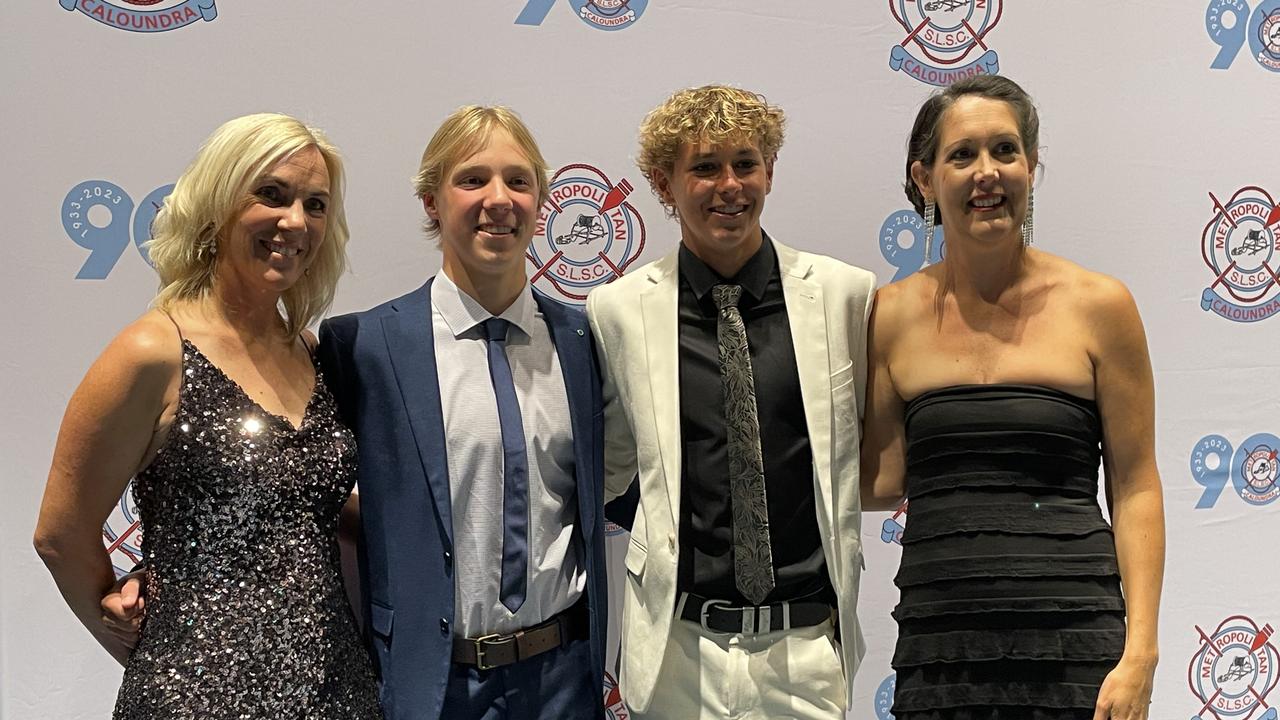 Leanne Bullemor, Luca Widmer, and Michael and Justine Ashworth at the Metropolitan Caloundra Surf Life Saving Club 90th Anniversary Gala Ball.