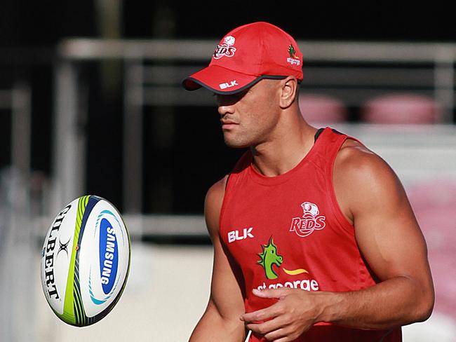 Cocaine man Karmichael Hunt in team training for the first time with Reds. Also James O'Connor, Quade Cooper, Samu Kerevi PIC MARC ROBERTSON.