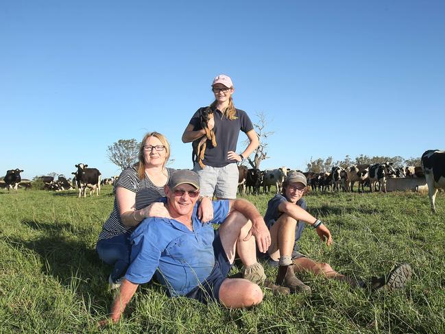 Farmer of the year finalists, Dairy Farmer of the Year Finalists Andrew & Kay Cavill, with their kids Josh, 18, and Nikita, 15, dog Rusty, Corobina Dairy, Bool Lagoon, SA, Picture Yuri Kouzmin