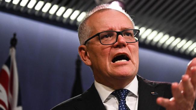 Australia's former prime minister Scott Morrison at the press conference explaining why he secretly swore himself in to five ministerial posts. Picture: AFP