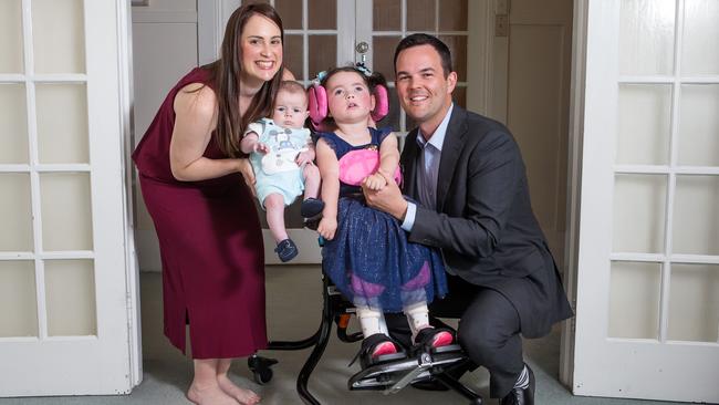 Stonnington councillor Glen Atwell is calling for Changing Places facility to be installed at Chadstone shopping centre. Glen is pictured with his 3-year-old daughter, Ivy, his wife Lara and 14-week-old son Austin. Picture: Sarah Matray