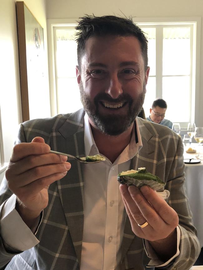 Herald Sun food writer Dan Stock enjoying the iced oyster at Brae in regional Victoria.