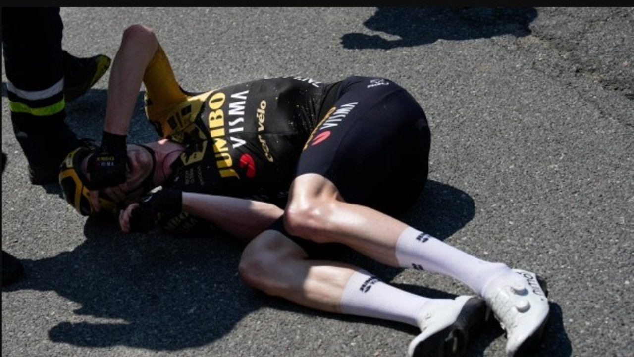 Nathan van Hooydonck started the pileup after losing his balance at the front of the pack.