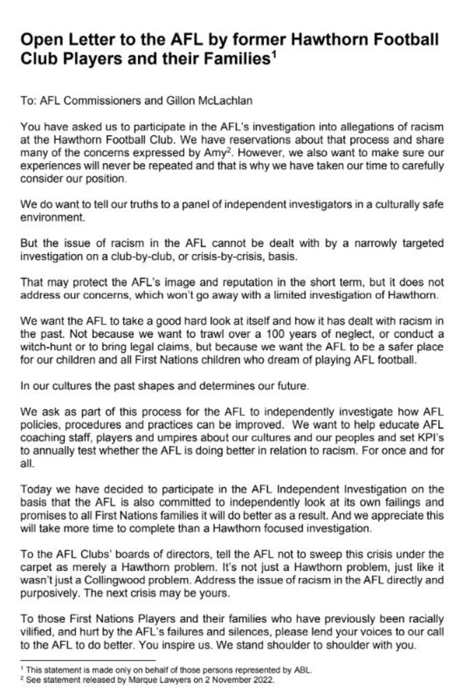 First nations family letter to AFL