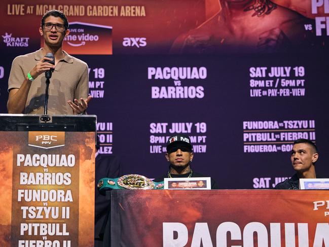 Tszyu watched Fundora speak at their press conference in Los Angeles. Picture: Premier Boxing Champions