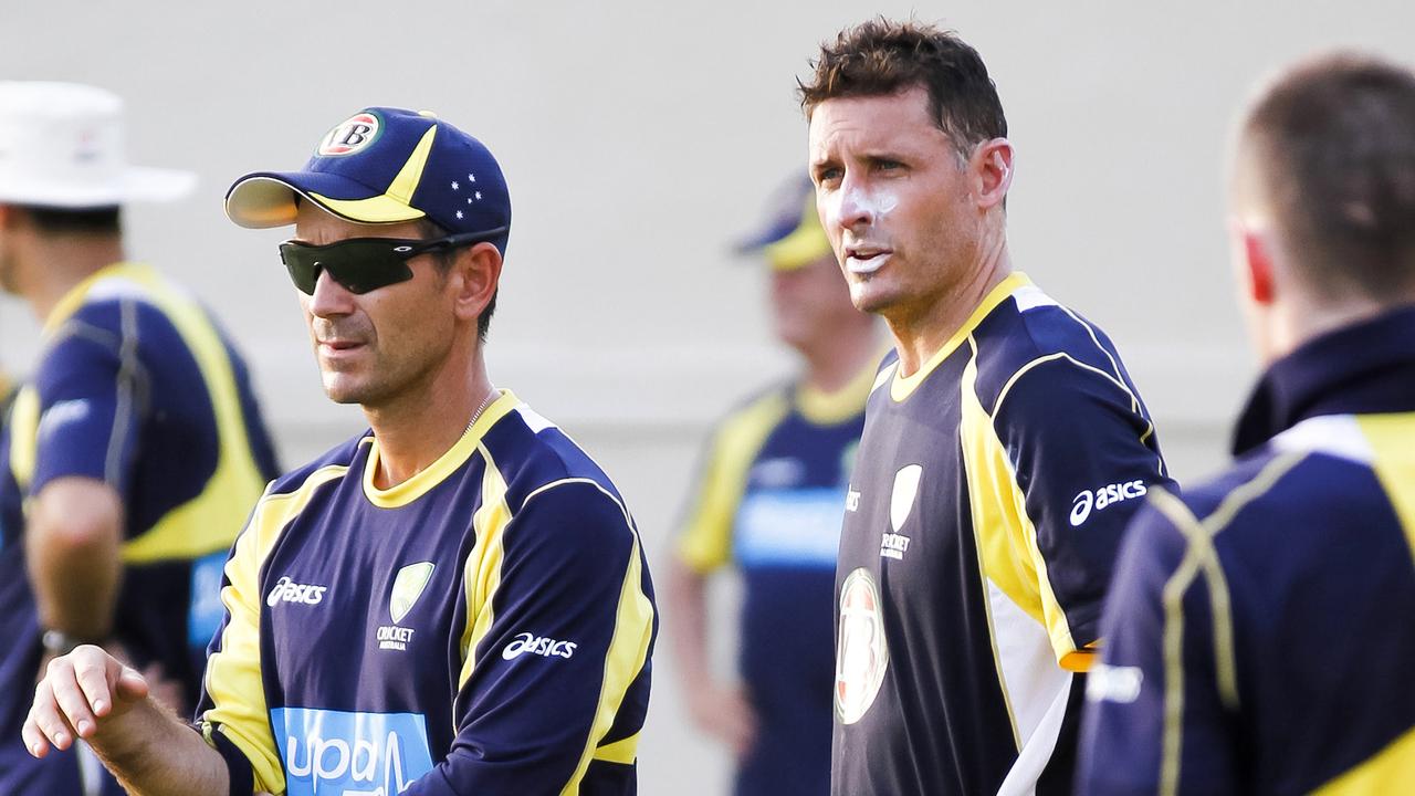 Justin Langer and Mike Hussey in 2012. AP Photo/Charles Verghese)