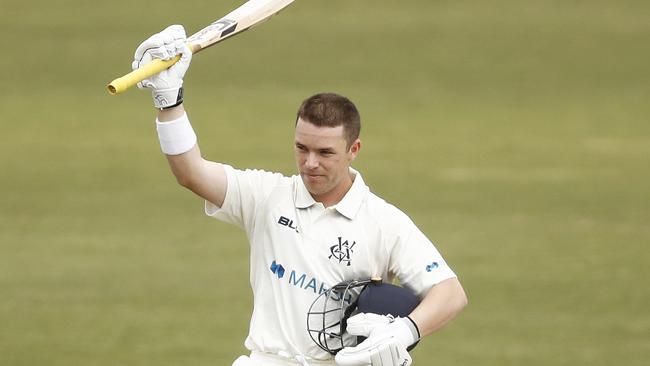 Marcus Harris celebrates his century on the opening day of the Sheffield Shield season against South Australia. Picture: Getty Images