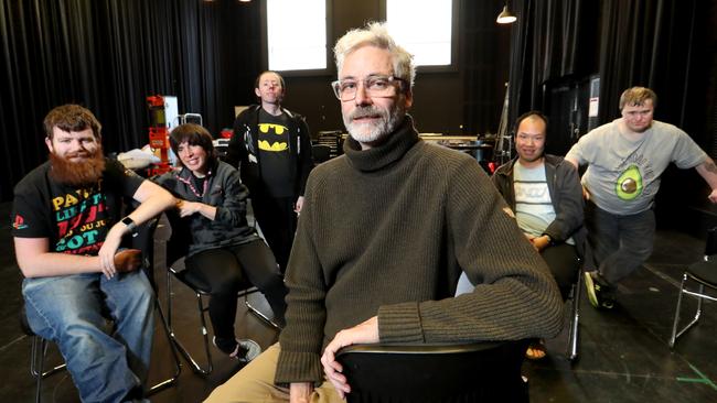 Back to Back theatre’s artistic director Bruce Gladwin with cast members at their Geelong rehearsal studio. Picture: David Geraghty