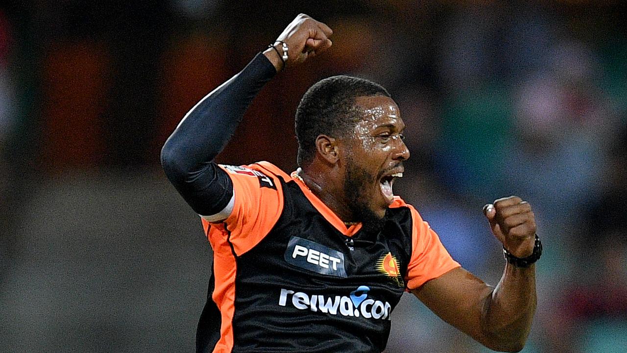 Chris Jordan celebrates in a wicket in Perth Scorchers’ loss to Sydney Sixers.