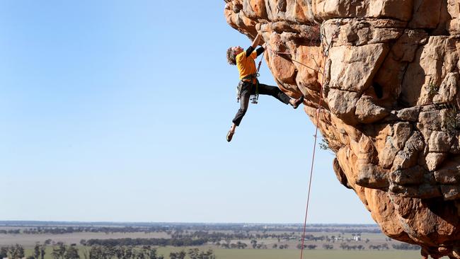 Climber John Fischer on Castle Crag at Mt Arapiles. Picture: David Geraghty / The Australian.