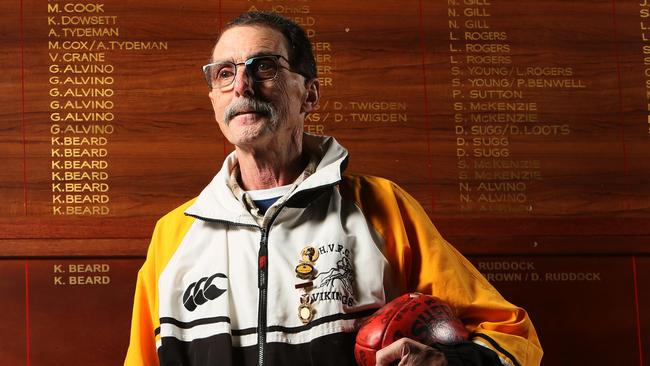 Hank Middleton, a long-serving Happy Valley Football Club and Southern Football League volunteer in front of the Viking’s Football Hall of Fame. Picture: AAP/Emma Brasier.