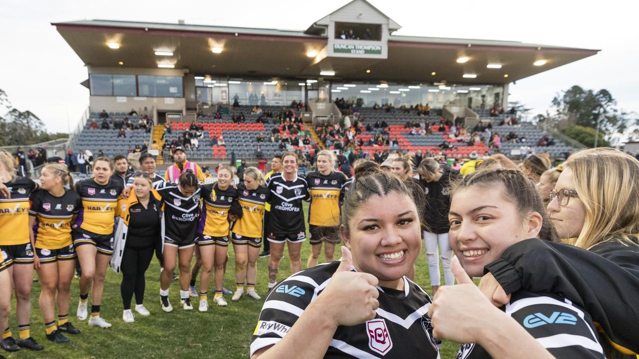 Oakey players Clarrisa Janes and Sabina McLoughlin after the game against Gatton in the TRLW President's Cup A-grade game. Picture: Kevin Farmer