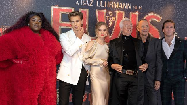 (L-R) Yola, Austin Butler, Olivia DeJonge, Baz Luhrmann, Tom Hanks and Luke Bracey attend the "Elvis" UK Special Screening at BFI Southbank on May 31, 2022 in London, England. Picture: Getty