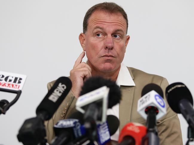 Former Matildas coach Alen Stajcic speaks after being sacked by the FFA during a press conference at North Sydney. Picture: Brett Costello