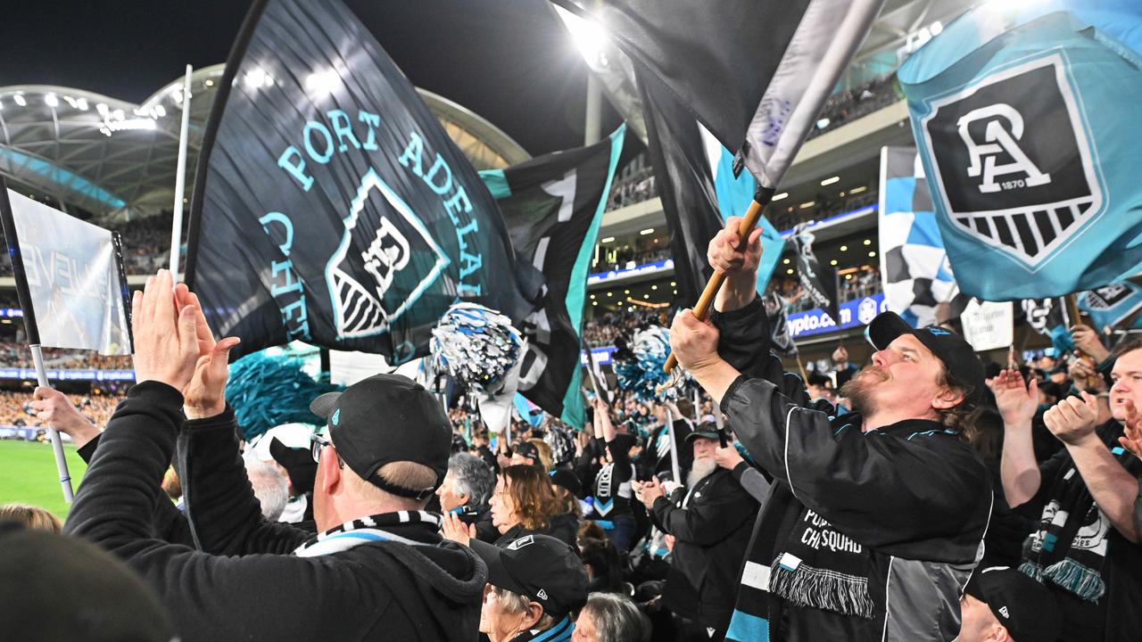 SEPTEMBER 13, 2024: Port fans in the cheer squad during the Port v Hawthorn semi final at Adelaide Oval. Picture: Brenton Edwards