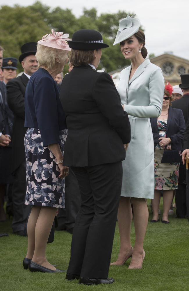 Catherine, Duchess of Cambridge talks to guests during a garden party at Buckingham Palace on May 16, 2017 in London, England. Picture: Getty