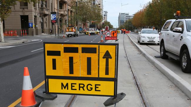 Tram extension works on North Terrace, Adelaide. There is no current opening date set for the extension. Picture: AAP / Emma Brasier