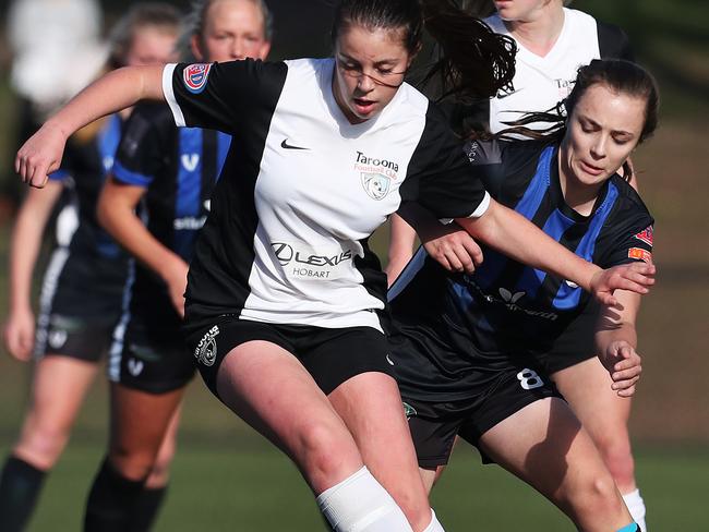 Soccer. Zoe Horgan Taroona and Isabelle De Smit Kingborough. Women's Statewide Cup Final. Kingborough V Taroona. Picture: NIKKI DAVIS-JONES