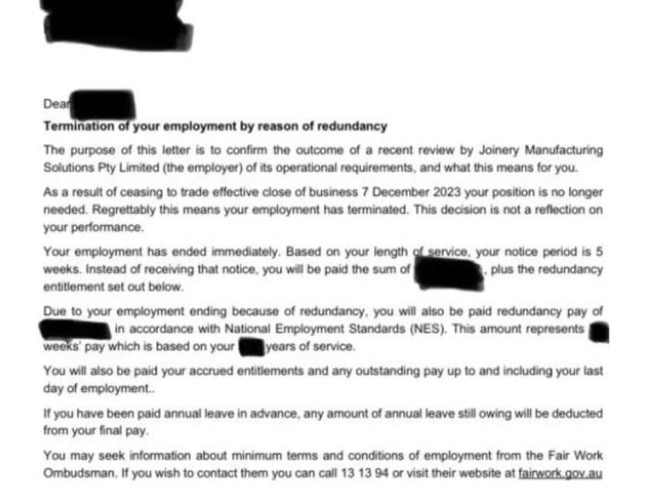 A termination letter staff received right before Christmas last year.