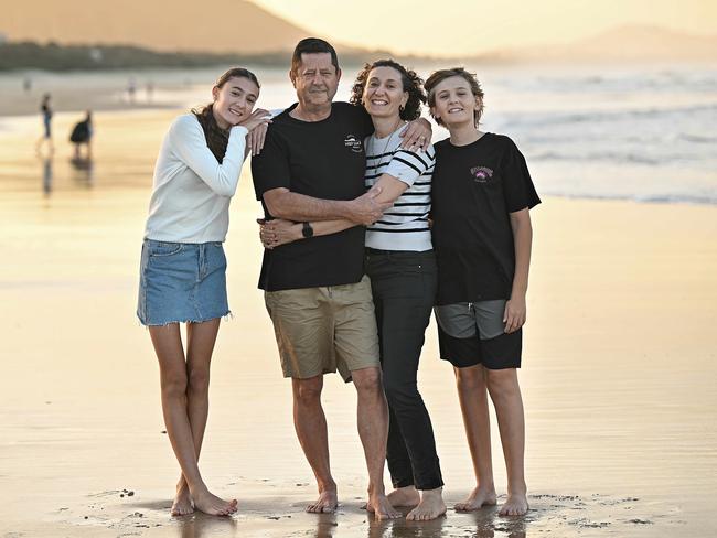 Andrew and Elizabeth Carmody with children Ruby, 15, and Roman, 13, at Mudjimba on the Sunshine Coast. Picture: Lyndon Mechielsen/The Australian