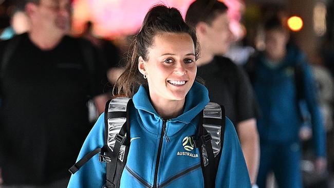 Matildas star Hayley Raso arrives in Brisbane on Tuesday. Picture: Lyndon Mechielsen