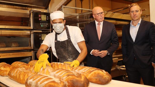 Liberal candidate for Corangamite Darcy Dunstan (right) with Opposition leader Peter Dutton during a visit to Zeally Bay Sourdough in Torquay last year. Picture: Alison Wynd.