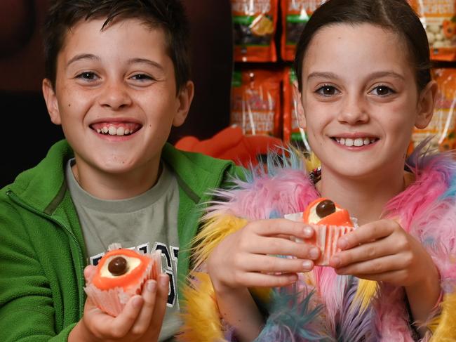 22nd September 2024 - Siblings Jimmy and Maple Apostolakos with the Fruchocs Frog Cakes at the Hahndorf Menz store. Photo: Naomi Jellicoe