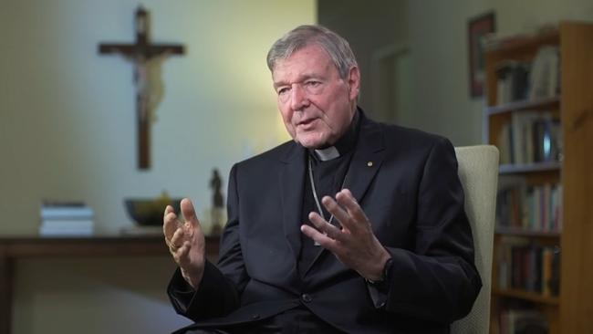 Cardinal George Pell is interviewed by Andrew Bolt on Sky News. Picture: Sky News