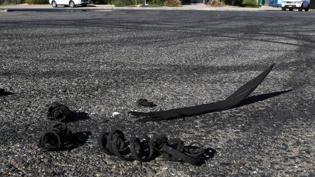 Burnout marks and shredded car tyres on Harrick Rd. Picture: David Crosling