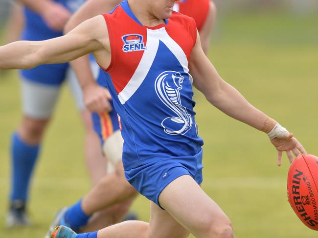 Southern Football league: Sandown v Carrum Patterson Lakes at Edinburgh Reserve, Springvale. Sandown #2 Jesse Boswell. Picture: AAP/Chris Eastman