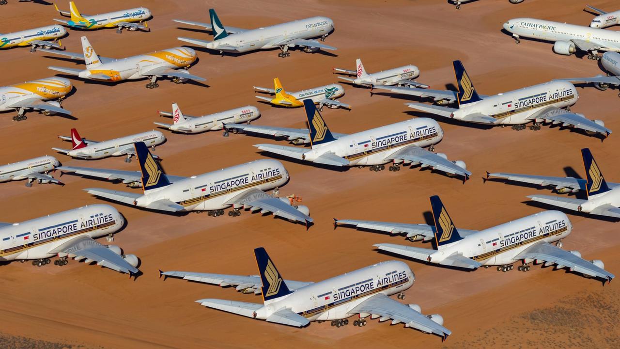 Dozens of planes that are out of use during the pandemic have been sent to the Asia Pacific Aircraft Storage facility near Alice Springs. Picture: Seth Jaworski