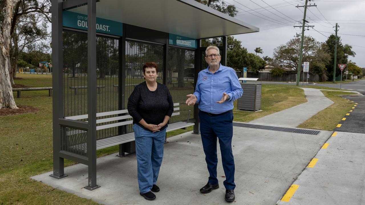 Jacobs Well Progress Association President Jenny Cooper and Coomera MP Michael Crandon at a new bus stop in Jacobs Well.