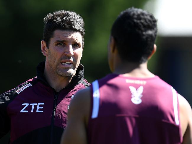 Manly Sea Eagles coach Trent Barrett gestures during a team training session at Narrabeen in Sydney, Wednesday, August 30, 2017. (AAP Image/Dan Himbrechts) NO ARCHIVING