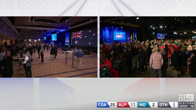 Labor's election night function looking a little livelier than the Liberal's function. Picture: Channel 9