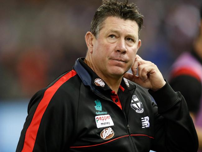 MELBOURNE, AUSTRALIA - MAY 22: Brett Ratten, Senior Coach of the Saints looks on during the 2021 AFL Round 10 match between the Western Bulldogs and the St Kilda Saints at Marvel Stadium on May 22, 2021 in Melbourne, Australia. (Photo by Michael Willson/AFL Photos via Getty Images)