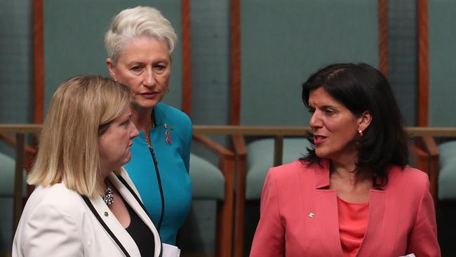 Rebekha Sharkie, Kerryn Phelps and Julia Banks in the House of Representatives in Canberra. Picture: Kym Smith