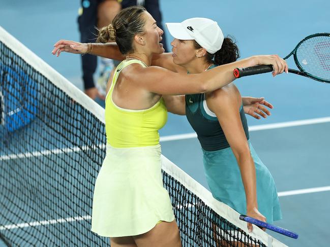 Madison Keys is embraced by Aryna Sabalenka after winning in the Women's Singles Final. Picture: Clive Brunskill/Getty Images.