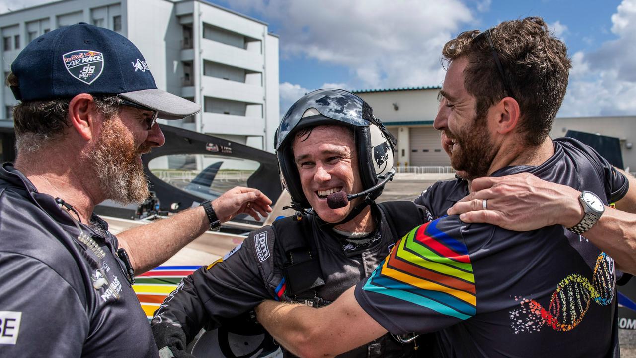 Hall celebrates with his crew after the race. Pic: @Redbullairrace